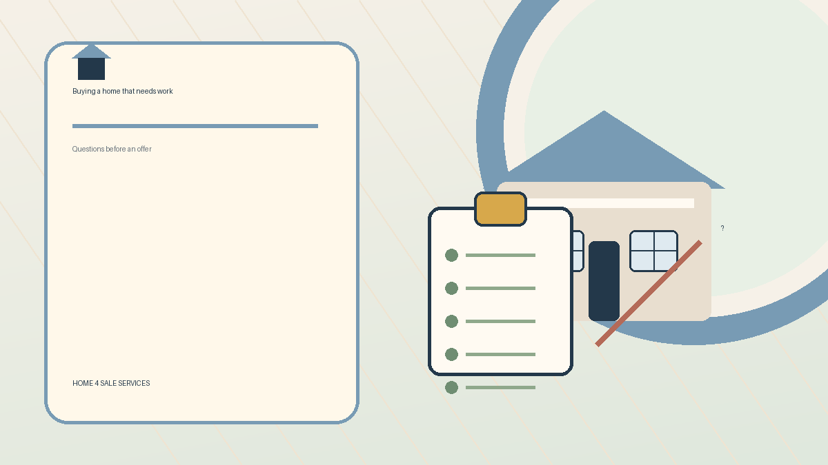 Buying a House That Needs Work? Questions to Ask Before You Make an Offer illustration for Home 4 Sale Services pre-listing guide